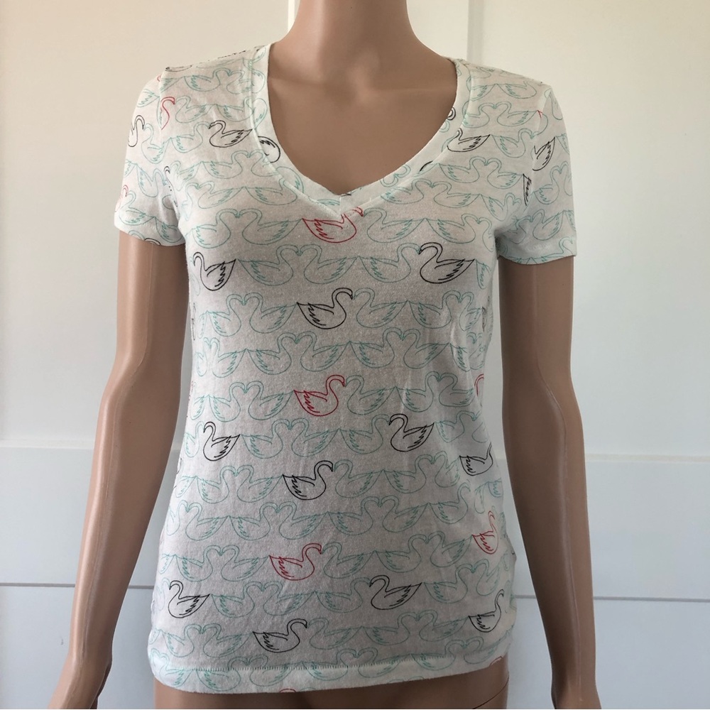 BDG Greenish White Swans Cotton V Neck Short Sleeves T-Shirt Tee Top XS X-Small